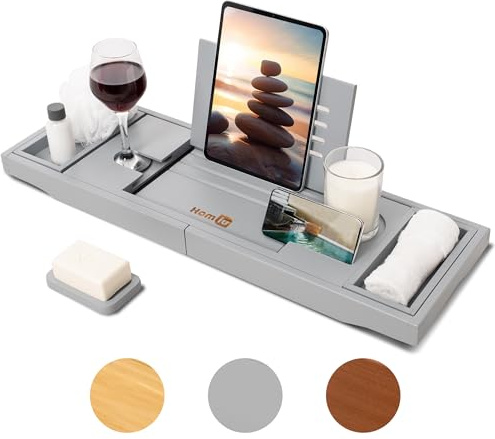 Homiu Bamboo Bath Tray - Extendable Bath Caddy - Natural Wooden Bathtub Tray with Candle, Wine Glass, Book Rest, iPad & Phone Holder Stand - Luxury Bathtub Accessories - Bath Accessories (Grey)