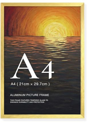 LIVINGTASTE Cadre Photo A4 Aluminium Doré Brossé avec verre trempé, 1 pièce convient pour 21x29,7 cm photos, idéal pour le bureau ou la maison
