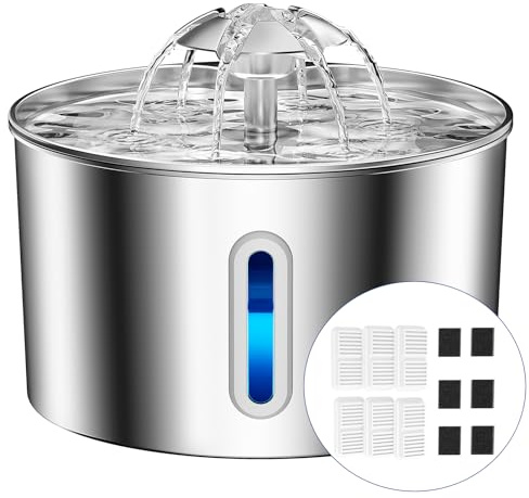 BalimoPet Cat Water Fountain for Drinking - 74oz/2.2L Cat Fountain Stainless Steel Flower Style, Silent Automatic Wired Pet Water Fountain Triple-Filter Water Fountain Cat Bowl 6 Filters 6 Sponges