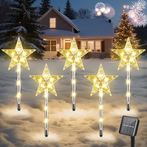 Luxspire Luces Solares Navideñas para Camino, 5Pack Decoraciones Solares Exteriores con Auto On/Off, Luces de Camino de 47 cm con 2 Modos de Iluminación para Jardín Patio Césped, Estrella + Luz Cálida