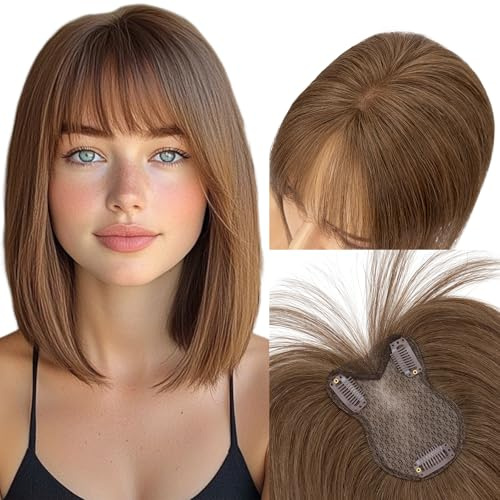 MY-LADY Topper Capelli Veri Donna Con Frangia Clip Capelli Veri Marrone Cioccolato 21g Base Lace Leggero Toupet Frangia Aria(#04)