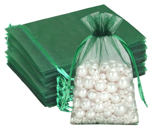 G2PLUS Dark Green Organza Gift Pouches 10x15 cm: Medium Favor Bags, 50 PCS | Wedding Jewelry Bags, Clear Mesh Pouches Perfect for Wedding, Christmas, Birthday, Anniversary