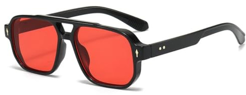 QGGNMGT Gafas de sol vintage de doble puente para hombre, modernas, con cristales transparentes tipo océano, con remaches de tendencia para mujer, UV400 (negro y rojo)