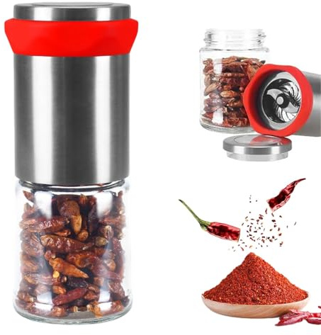 RVERPROS Chilimühle Chili Mühle aus Edelstah Küchen Glas Chilischneider Gewürzmühle für Trockene Chilis 100ml Chili Flocken Gewürzmühle Chilis Zerkleinern für Grobe Gewürze Küchen Helfer Rot