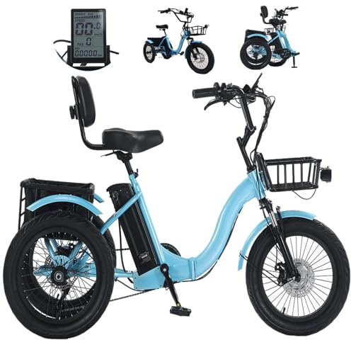 GCLCPAEN Triciclo Eléctrico De Tres Ruedas,18x3in,Diseño Plegable,Ascenso Fácil De 15°,3 Modos De Conducción,7 Velocidades,Cesta De Almacenamiento,Tablero Digital,Ideal para Playa,Picnic Blue