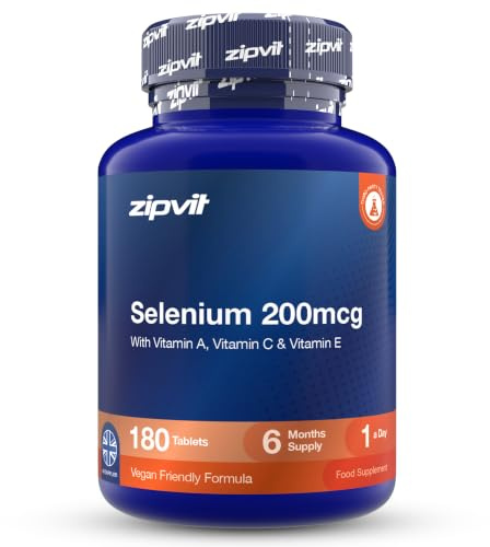 Zipvit Selenium Supplements 200mcg with Vitamins A, C & E - 180 Tablets | Supports Normal Thyroid - Hair, Skin & Nails - Fertility & Reproduction - 6 Months Supply - 3rd Party Tested - Vegan