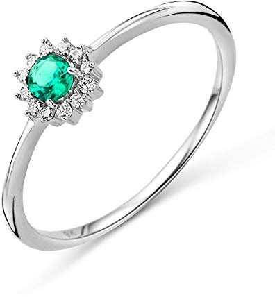 MIORE Anello Donna Oro Bianco 9KT 375. Anello con Smeraldo Centrale e Contorno di Diamanti Naturali. Anello Fidanzamento. Gioielli Donna Anallergici. Scatola Portagioie