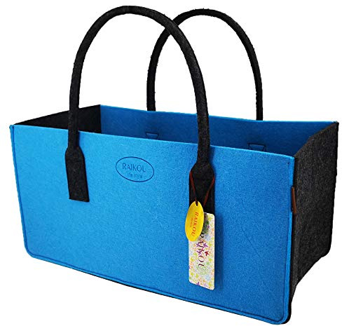 RAIKOU KULT Filz-Tasche Shopper NEU Filzkorb Einkaufstasche Henkeltasche Zeitungskorb Stabile Kaminholztasche Zeitungsständer auch für Spielzeug Garten Picknick Strand (Blau/Anthrazit,50x34x27cm)