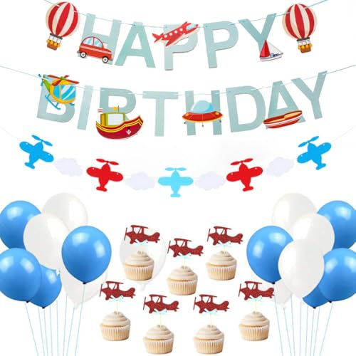 JOYMEMO Flugzeug Geburtstag Dekorationen Vintage Flugzeug Cloud Folienballons Geburtstag Banner Cake Topper für Flugzeug Party Supplies