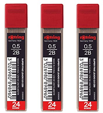rOtring 0.5mm 2B Super Polymer Pencil Lead - Pack of 3 Tubes - 72 Leads in Total - Refills for Mechanical Pencils