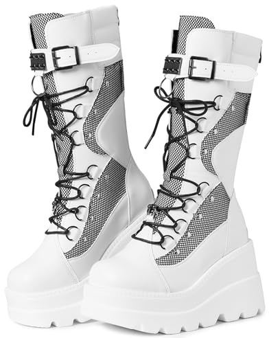Tscoyuki Womens Goth Platform Boots Chunky Wedge Heel Rave Combat Boots Lace Up and Zipper Round Toe Mid Calf Boot for Concert Festival