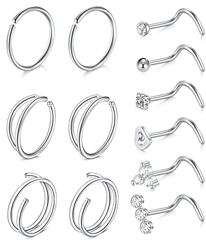 WillTen 20G Nose Stud Spiral Guld Diamant CZ Näsa Ring Piercing Dam Kirurgiskt Stål Näsa Ring Nostril Dubbel Smycken Piercing, Sten Rostfritt stål Diamant Silver Zirkonia