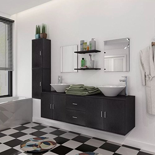 RONGQI Set Mobili da Bagno 11 pz con Lavabo e Rubinetto Nero,Set Mobili da Bagno,Mobile Bagno,Set Arredo Bagno,Arredo Bagno