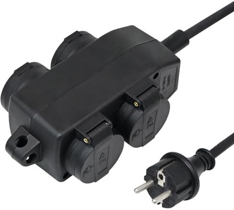 4-Fach Verteilersteckdose für Außenbereich, Outdoor Stromverteiler - 4 Schutzkontakt-Steckdosen mit Klappdeckel, Steckdosenverteiler IP44, Außensteckdose - 2m Gummi Verlängerungskabel - Öse zum Hängen