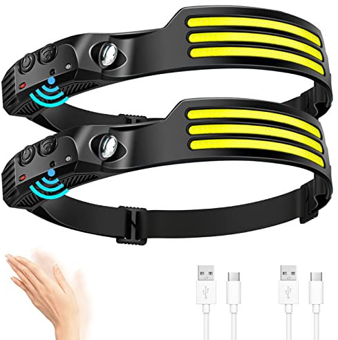 DAWINSIE Linterna Frontal Led Recargable (2 Pack), Sensor de Movimiento Linterna Cabeza con 5 Modos, IPX4 Impermeable para Ciclismo, Camping, Pesca, Bricolaje, Correr, GJ-002