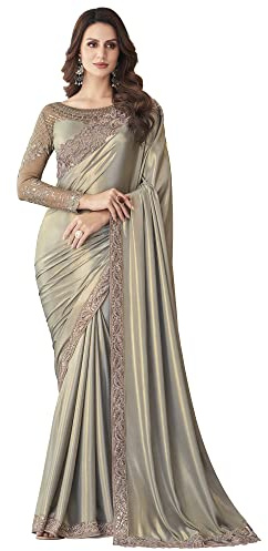 AKHILAM Broderad spets och sekvens broderi chiffong sari med osydd blusdel (SILVER27001_TFH_Parent), Metallisk, One Size