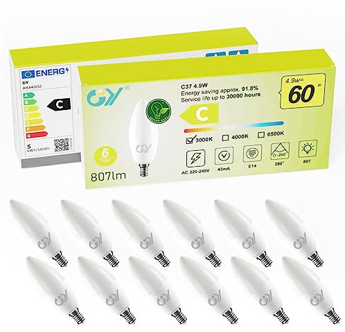 GY E14 LED Ultrahelle Energiespar Glühbirne, 4.9W Glühbirne E14, Ersetzt 60W Halogenlampe, C37 LED Birne 807LM, 3000K E14 Led Warmweiss, 280° Abstrahlwinkel Energiesparlampe, Nicht Dimmbar, 12 Stück