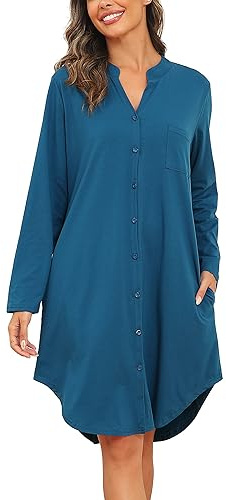 Vlazom Camisón de Cuello en V Camisón de Manga Larga de Algodón para Mujer Ropa de Dormir de Invierno con Botones y Bolsillos Laterales（XXL,Azul Cobalto）
