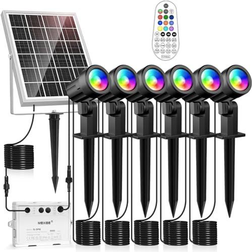 MEIKEE Solar Spotlight RGB 6 in 1 Solar LED Outdoor LED Garden Lights Fernbedienung Wasserdicht IP66 10 Farben 12 Modi Farbwechsel 6 Helligkeitsstufen 6000mAh Solarleuchten für Garten Weg Patio