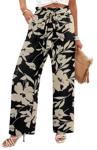 Angerella Women's High Waisted Casual Wide Leg Pants Flowy Boho Summer Beach Vacation Floral Black Palazzo Pants with Pockets L