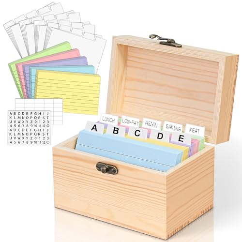 MOBYKE Index Card Holder 3x5, 100 Pcs Heavy-Duty Indexcard Business Organizer Wooden Recipe Box with Dividers Flash Card Holder with 30 White Dividers, 1 Blank Sticker and 1 Letter Sticker