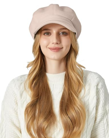FEOYA Newsboy Cappellino da Donna Classico a Palloncino Berretto Vintage Autunno Inverno Baker Berretto Piatto con Visiera Beige