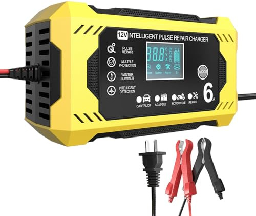 Cargador de batería para automóvil | Cargador de batería 12V 6A - Cargador de batería eléctrico para coche, cargador inteligente de batería de vehículo ajustable para camión