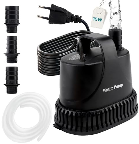 EXLECO Bomba Aguas Sucias Bomba Sumergible 800L/H 15W 220V Achique Agua Pequeña Fuente Exterior Presion de Agua para Piscina Estanque Jardin con 2M Cable 1 Manguera 2 Boquillas
