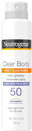 Neutrogena Clear Body SPF 50 Sunscreen Spray, Broad Spectrum UVA/UVB Sun Protection, Water-Resistant, Non-Comedogenic, Lightweight Body Sunscreen with Vitamin E & Niacinamide for Skin Care, 5 oz