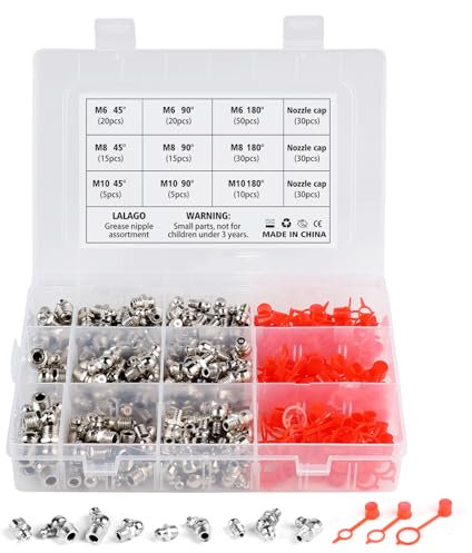lalago 260 Pezzi Set di Ingrassatori, M6 M8 M10 Testine Ingrassatori Grasso Raccordo Assortimento, Raccordo per Ingrassatore in Metallo ad Dritto e Angolato 45 ° 90 ° 180 °, Ingrassatore Idraulico