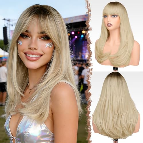 FESHFEN Parrucca Donna Lunga con Frangia Natuaral Sintetici Ricci Parrucca Capelli Parrucche Carnevale del Cosplay Party per Donna 45 cm Ombre Biondo