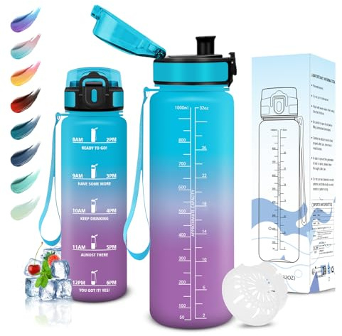 Motswedi Botella Agua, 1000ml sin BPA, Botella de Agua, Reutilizable, Cantimplora, con Marcador de Tiempo, Botellas Gimnasio, Botellas para Niños, Deporte, Running, Gimnasio, Bicicleta, Azul Morado