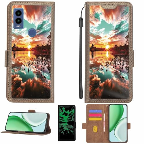 Aroepurt fodral kompatibelt med Cricket Innovate E 5G telefonfodral flipfodral [med härdat glas skärmskydd] [RFID-blockering] [ljuseffekt] LPT-FJ