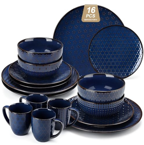 MALACASA 16 Pieces Dinner Set for 4, Embossed Stoneware Dinner Sets, Blue | Plates and Bowls Sets with Mugs, 4 Different Patterns, Microwave/Dishwasher Safe, 4 Each Bowls, Dinner Plates and Side Plates