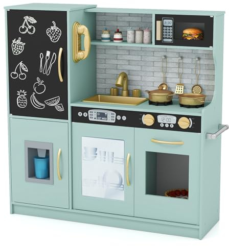 Maxmass Kids Play Kitchen, Wooden Children Pretend Kitchen with Ice Maker, Telephone, Chalkboard, Double Stoves, Dishwasher, Cookware Accessories, Toddler Boys Girls Cooking Toy Playset (Green)