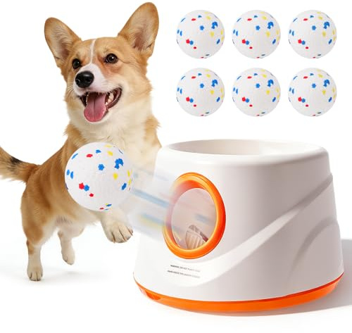 BORDRISE Lanzador de bolas automático para perros, 3 anchos, 6 bolas de | 3 distancias de lanzamiento (6 – 14 m), batería USB, incluye 6 bolas de ETPU (6 cm), ideal para perros pequeños y medianos