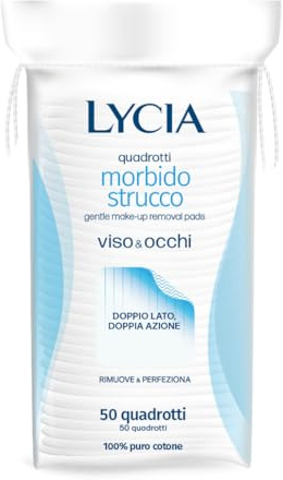 Lycia, Quadrotti Struccanti Viso e Occhi, Tessuto Morbido in 100% Puro Cotone, Doppia Azione con Trame Diverse per Rimuovere il Trucco e Perfezionare la Detersione, Confezione 80 Dischetti