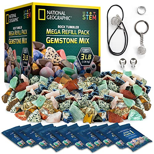 NATIONAL GEOGRAPHIC Rock Tumbler Refill Kit – 1.36 kg of Rough Gemstones and Rocks for Tumbling Including Amethyst and Quartz – Rock Tumbler Supplies Include Rock Tumbler Grit