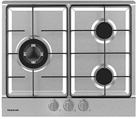 Taurus GI3EB - Placa de gas, 6050W, 3 zonas cocción, mandos mecánicos, llama ajustable, quemador triple rápido 3,3kW, válvulas seguridad, apta para gas butano, acero inoxidable