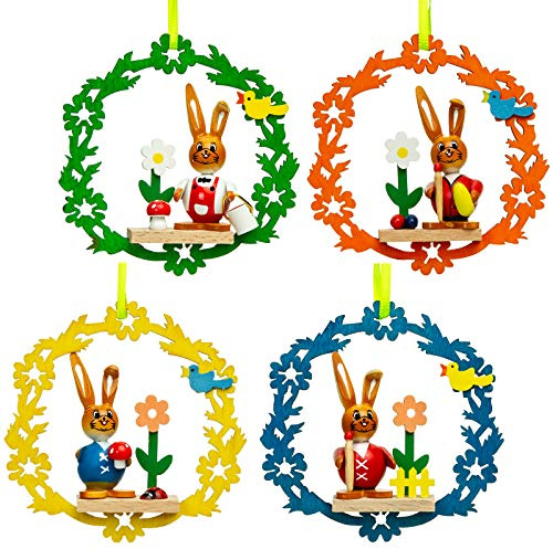 SIKORA OD16 Osterdeko Osterhasen Figuren aus Holz im 4er Set | Handbemalte Ornamente zum Aufhängen für Ostern | Hochwertiger Baumschmuck & Fensterdeko | Höhe ca. 9,5 cm