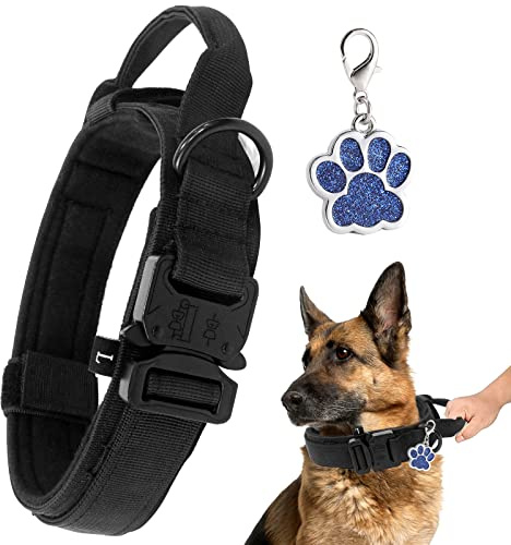 LIVETTY Justerbart hundhalsband robust kontrollhandtag, taktiskt hundhalsband med robust metallspänne för medelstora stora hundar, hundhalsband brett 3,8 cm, halsband K9 träning nylon M