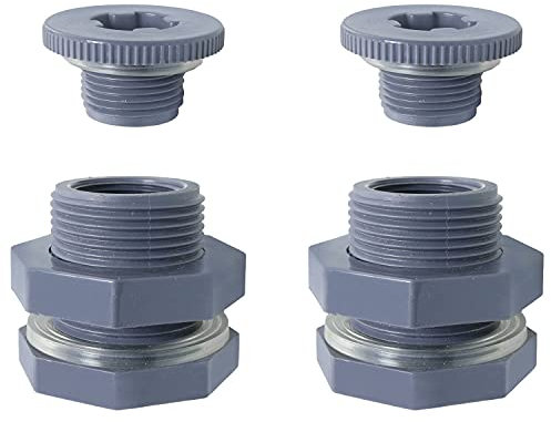 WHYHKJ Lot de 2 raccords de cloison en plastique PVC avec bouchons résistants à la corrosion pour tonneaux de pluie, aquariums, réservoirs d'eau, baignoires, piscines (34 avec joint d'étanchéité en