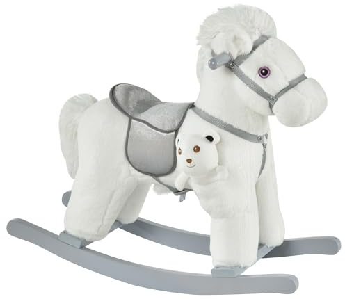 HOMCOM Cavallo a Dondolo per Bambini in Peluche e Legno con Suoni e Orsetto Incluso, per Bimbi da 18-36 Mesi, 65x26x55cm, Bianco