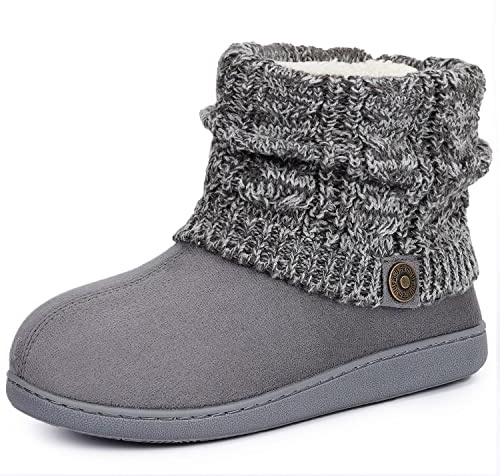 FamilyFairy Women's Woolen Yarn Knit Bootie Slippers Comfy Warm Plush Fleece Memory Foam House Shoes for Indoor Outdoor Grey, 7-8