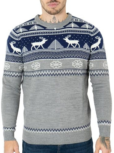 NOROZE Men's Merry Christmas Mock Zip Nordic Style Reindeer Moose Stag Funnel Crew Neck Festive Christmas Xmas Jumper (XL, Navy)