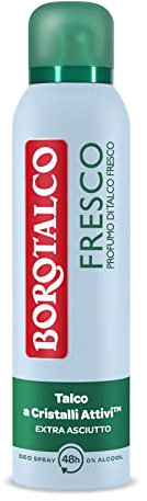 Borotalco, Deodorante Spray Fresco, Formula Senza Alcool e con Talco a Cristalli Attivi, Tripla Protezione Asciutta, Profumo di Talco Fresco, 72h di Efficacia - 1 Flacone da 150 ml