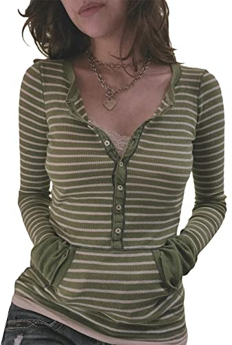 Womens Long Sleeve Henley Tops Casual Button Up Tunic Blouse Ribbed Slim Fit Shirts Y2K Lace Patchwork Pullover Shirt