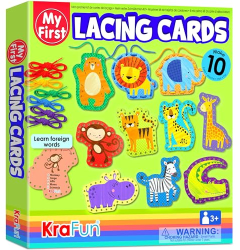 KRAFUN Safari Animal Lacing Card Kit for Kids Ages 3-8, 10 Beginner Arts & Crafts Projects with Lion, Elephant, Tiger, Instructions, Preschool Fine Motor Skills Toy, Educational Gift for Toddlers