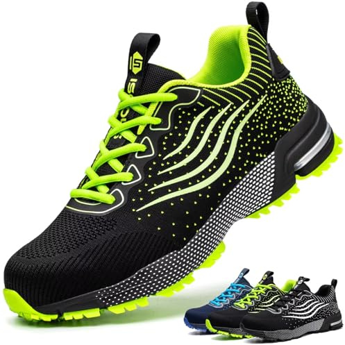Steel Toe Shoes for Men Women Lightweight Safety Shoes Comfortable Cushion Steel Toe Sneakers Indestructible Work Shoes Green 6 Women/4.5 Men