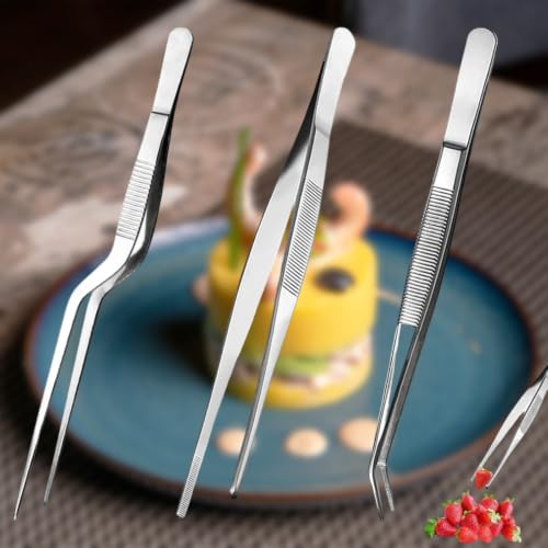 aghoer 16cm Kitchen Cooking Tweezers | 3pcs Long Food Tongs Set Easily Decorate Cakes Pasta Dishes - with Non-Slip Grip for Comfortable Handling - Stainless Steel